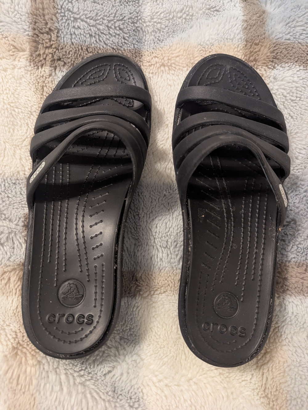 Crocs Rhonda Black Multi 4 Strap Wedge Slide Sandals Womens Size 7